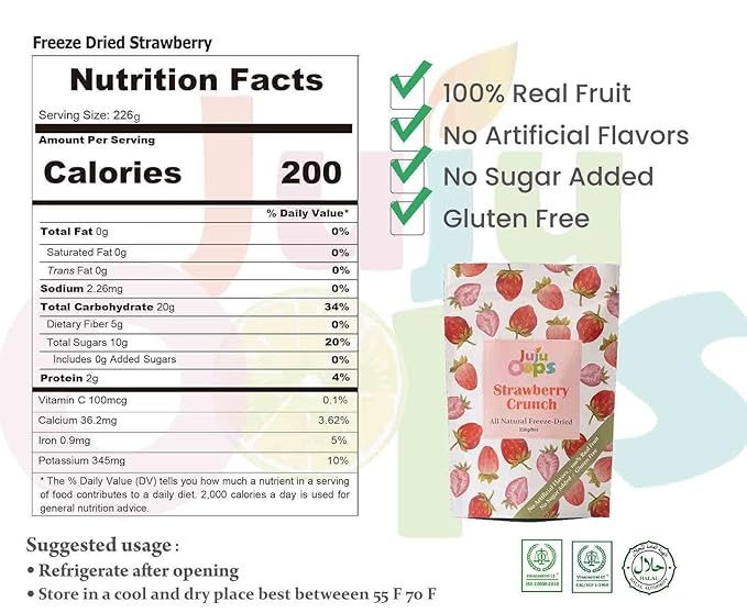 Juju-Oops Whole Freeze-Dried Strawberry | 100% All Natural Crunchy &amp Healthy | Family Party Size – Best Snack for Kids &amp Adults | Non-GMO No Sugar &amp Additives Added Vegan Gluten free |