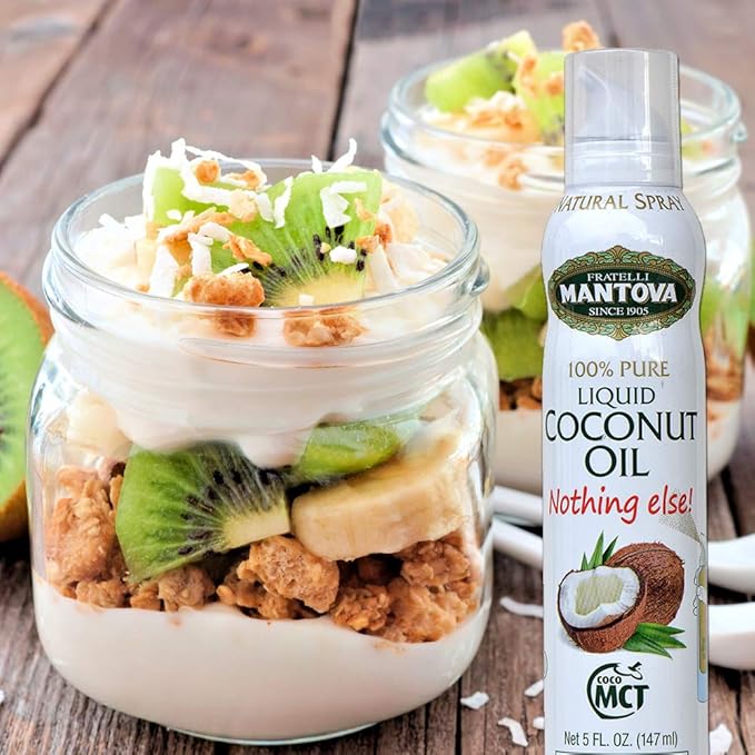 Mantova Coconut Oil Spray 100% Pure Cooking Oil Ideal for Healthy Keto Snacks Baking Grilling and Seasoning - Versatile Dispenser for Spray Drip or Stream with No Waste 5 oz (Pack of 2)