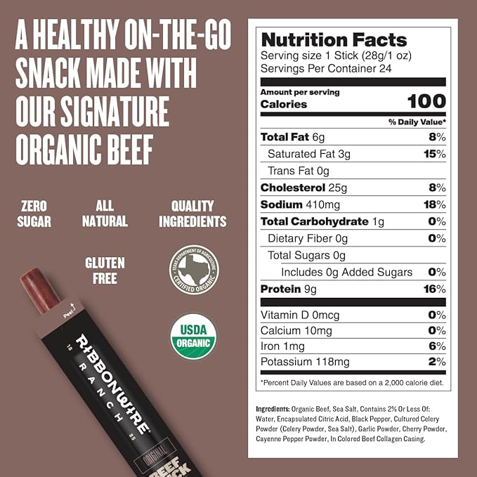 Ribbonwire Ranch Beef Sticks Made with Organic Beef Pasture Raised High Protein Snack Healthy Low Carb Keto Friendly Gluten Free Nitrate Free On the Go 1 Oz Sticks Original Flavor 12 Pack