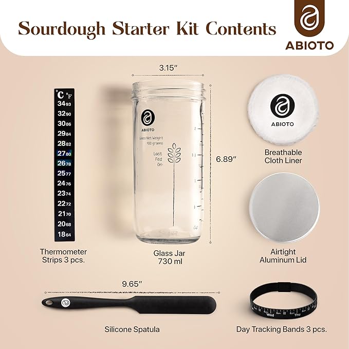 Sourdough Starter Kit Includes 24 oz Sourdough Starter Jar with Metallic Lid Silicone Spatula Feeding Tracker Extra Thermometer Strips &amp Breathable Covers - Sourdough Bread Starter Kit