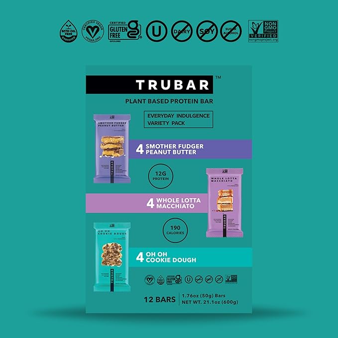 TRUBAR Vegan Protein Bar Variety Pack Assorted Flavors Peanut Butter Macchiato Cookie Dough Gluten Free Vegan Protein Snacks 12G Plant-Based Protein High Fiber Healthy Protein Bars 12 CT