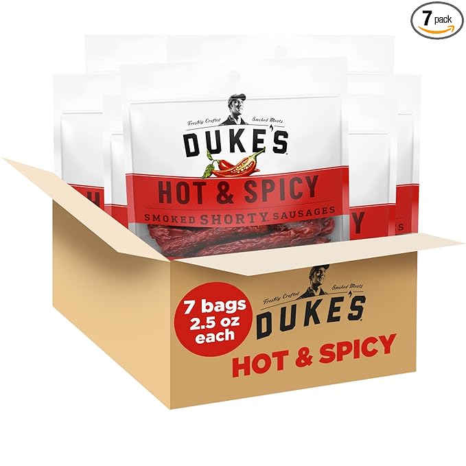 Duke's Pork Hot &amp Spicy Smoked Shorty Sausages 7g Protein Per Serving Easter Basket Stuffer for Men 2.5 oz. Snack Bags (Pack of 7)