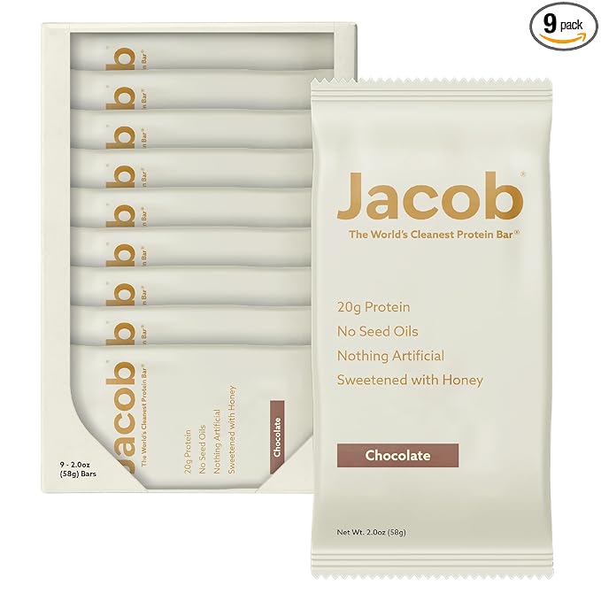 Jacob Bar Protein Bars Chocolate (9 Bars Total) - 20g Grass-Fed Protein No Seed Oils Nothing Artificial