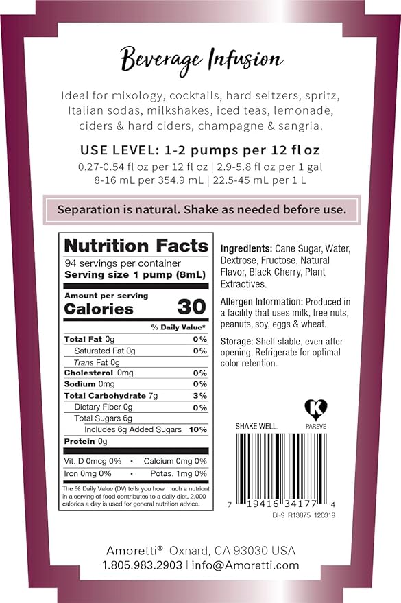 Amoretti - Black Cherry Beverage Infusion - Drink Mix &amp Water Enhancer with Pump for Flavoring Cocktails Waters Teas and other Beverages 94 Servings Per Bottle (750 ml) Preservative Free