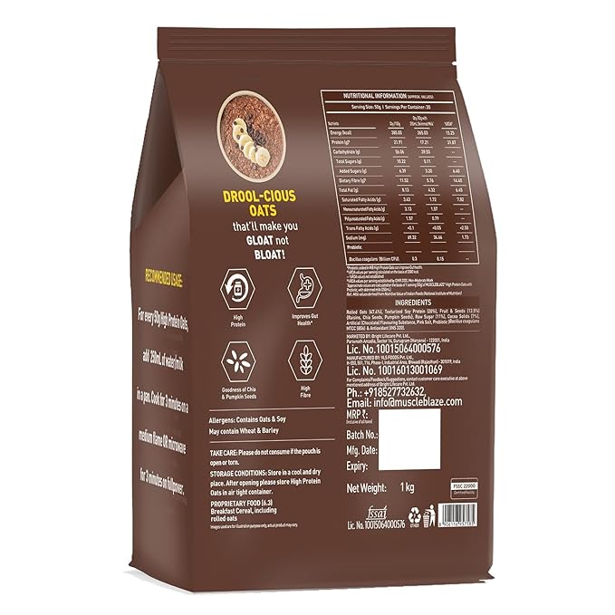 Roti High Protein Oats with Added Probiotics 17 g Protein Rolled Oats Breakfast Cereals Gluten Free Trans Fat Free for Weight Management Dark Chocolate 1 kg