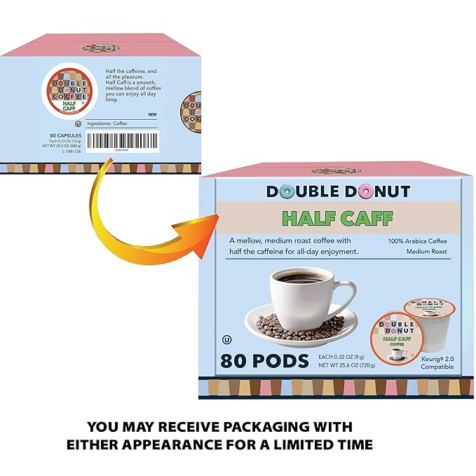 Double Donut Coffee Half Caff Coffee Pods Single Serve Half Caffeine Coffee Pods For Keurig K Cup Brewers Medium Roast 80 Count