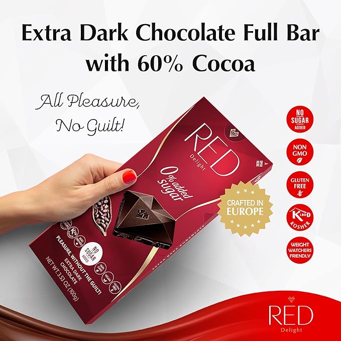 Red Delight Extra Dark Chocolate Bars - 3.53 oz Pack of 8 - Keto-Friendly Vegan Treat - European-Made Smooth Low-Carb Indulgence - Kosher Gluten-Free No Added Sugar Guilt-Free Snack