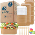 MINCOCO 50 Count Disposable Paper Bowls with Lids Meal Prep Containers 【Includes 50 Wooden Forks + 100 Labels】 Salad Food Containers Freezer &amp Microwave Safe Leakproof Soup Bowls (35 Ounce 50-Cou