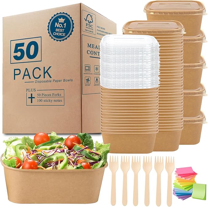 MINCOCO 50 Count Paper Bowls Disposable Meal Prep Containers with Lids【Includes 50 Wooden Forks + 100 Labels】 Salad Food Containers Freezer &amp Microwave Safe Leakproof Soup Bowls (29 Ounce 50-Coun