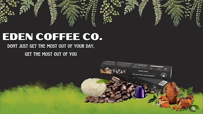 Eden Coffee Organic Capsules Compatible with Nespresso with Lion's Mane and Chaga Mushrooms - Brain &amp Immune Support - Vegan &amp Keto - Antioxidants &amp Superfoods - 3 Pack 30 Count
