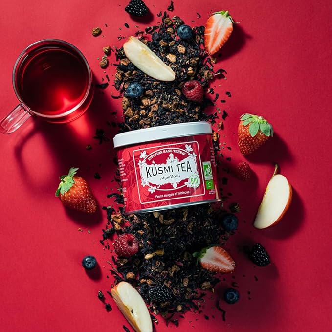 Kusmi Tea - AquaRosa - Organic Herbal Tea with Hibiscus &amp Berries - Caffeine Free Herbal Tea - Enjoy Hot or Iced - Loose Leaves - Tin Box of 3.5 oz - Quantity for about 50 cups