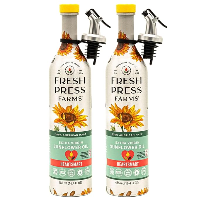 Fresh Press Farms Cold Pressed Extra Virgin Sunflower Oil 16.4 Fl Oz (Pack of 2) High Oleic Georgia Grown 100% American Made Unrefined Certified Whole30 Non-GMO Keto Paleo Gluten Free