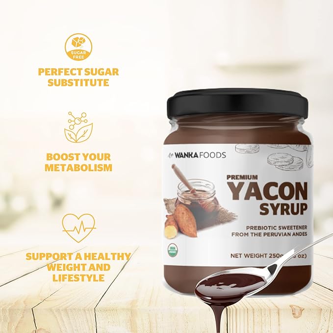 Organic Yacon Syrup 8.8oz - 250g – Plant-Based Natural Sweetener from Peru Low Glycemic Sweetener Alternative Smooth Caramel Flavor USDA Organic