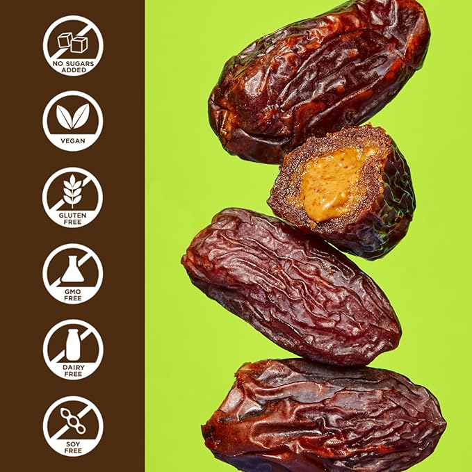 Realsy Pitted &amp Stuffed Medjool Dates Organic Dates with No Sugar Added Gluten-Free Vegan Good Source of Fiber Low Glycemic Index All Natural Healthy Snack (Almond Butter 5 Pack)