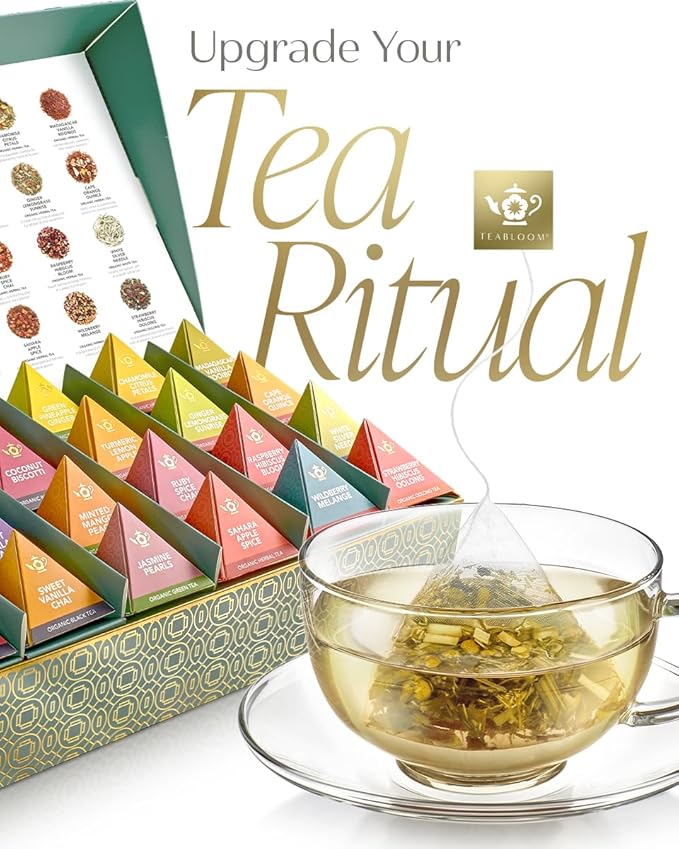 Teabloom Himalaya Chai Gift Set – Organic Chai Tea Sampler with 12 Plant-Based Pyramid Sachets Elegant Presentation Box for Tea Lovers