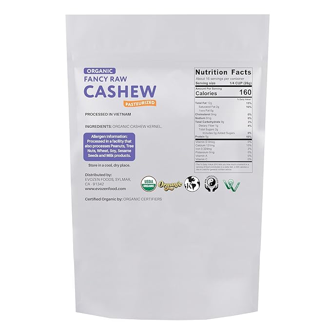 EvoZen Foods Organic Raw Whole Cashews Non-GMO Certified Kosher Vegan Verified (2 LB)