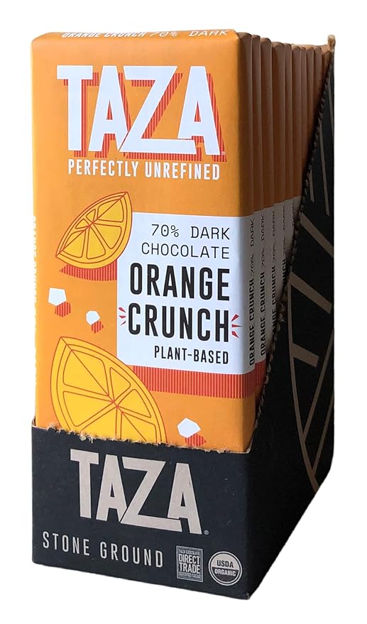 Taza Chocolate Organic Smooth &amp Crunchy Bars 70% Stone Ground Orange Crunch 2.5 Ounces (10 Count) Vegan