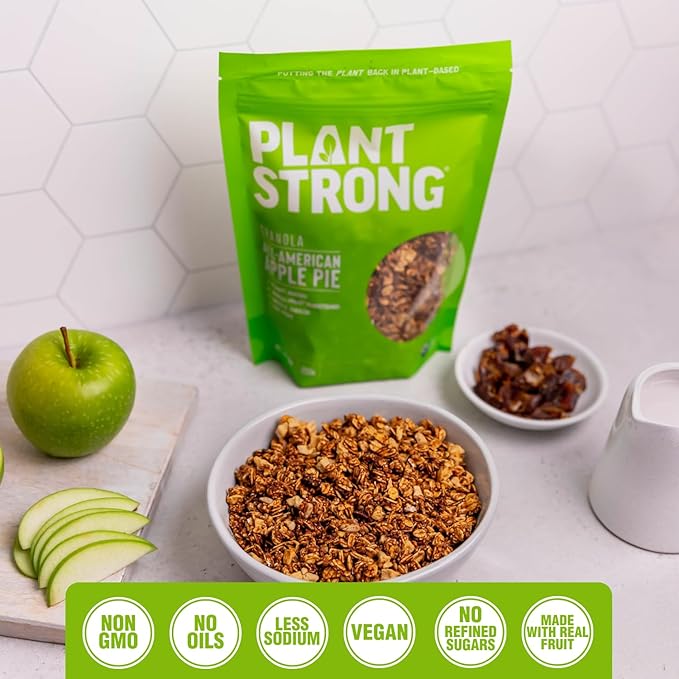 PLANTSTRONG All-American Apple Pie Granola – Whole Grain Oil-Free Granola with Chewy Dried Apples Sweetened Only with Dates Made from Whole Plants Crunchy Breakfast or Snack (4-Pack (9 oz Bags))