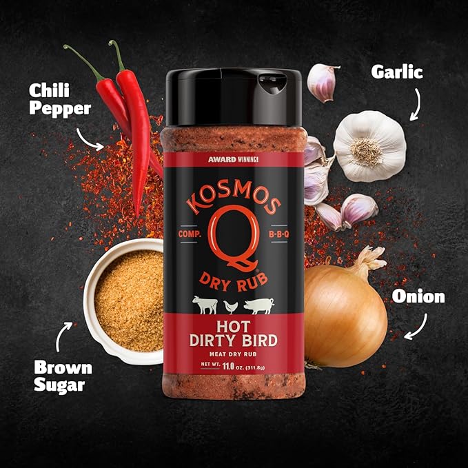 Kosmos Q Dirty Bird HOT BBQ Rub - Spicy BBQ Rubs for Smoking &amp Grilling Chicken Turkey &amp More &amp Kosmos Q Product Mixer (25 oz)