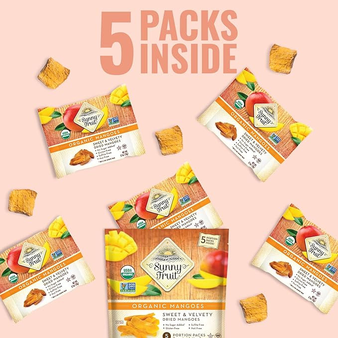 Sunny Fruit Soft Organic Dried Mangoes - 6 Bags (30 Individual Portion Packs) | No Preservatives Sulfides or Sugar Added | Healthy Convenient Dried Fruit Snack Packs | NON-GMO VEGAN HALAL KOSHER