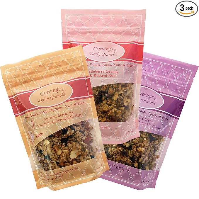 Cravings Daily Granola Variety- 3 Pack- Apricot Blueberry Coconut &amp Macadamia Nut Cranberry Orange &amp Roasted Nut and Blueberry Cherry Cranberry &amp Pumpkin Seed