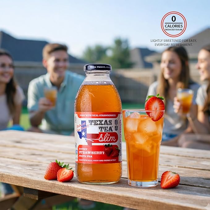 Texas Tea SLIM Poteet Strawberry White Tea – Zero Calories Reduced Sugar Organic White Tea with Real Texas Strawberries Small-Batch Brewed 12-Pack 16oz Glass Bottles