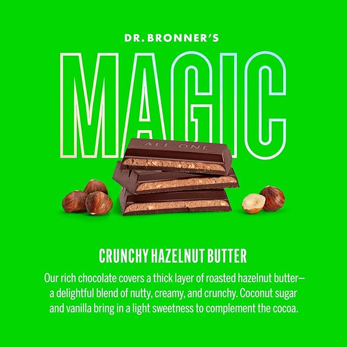 Dr. Bronner's - Magic All-One Chocolate Crunchy Hazelnut Butter Bar—Certified Organic &amp Fair Trade 70% Cocoa Vegan Kosher No Added Salt Coconut-Sugar Sweetened &amp Perfectly Balanced | 6 Co