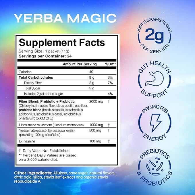 Yerba Magic Instant Yerba Mate Powder Packets – Clean Energy &amp Focus Drink Mix for Gut Health – Nootropic Blend with Lion’s Mane L-Theanine Prebiotics &amp Probiotics – Low Sugar Natural Caffei