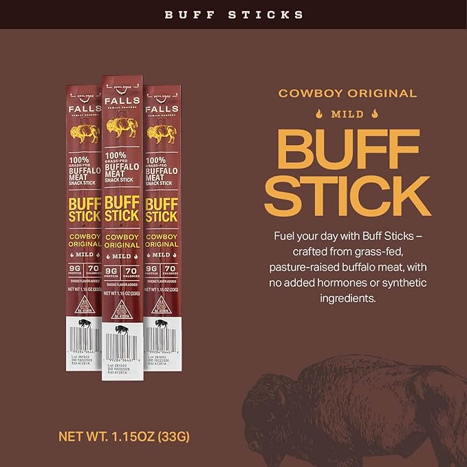 Grass-Fed Buffalo Meat Snack Sticks Cowboy Original Mild by Falls Family Ranches 12 Pack 1.15oz Stick Carton 9g Protein 0g Sugar 70 Calories
