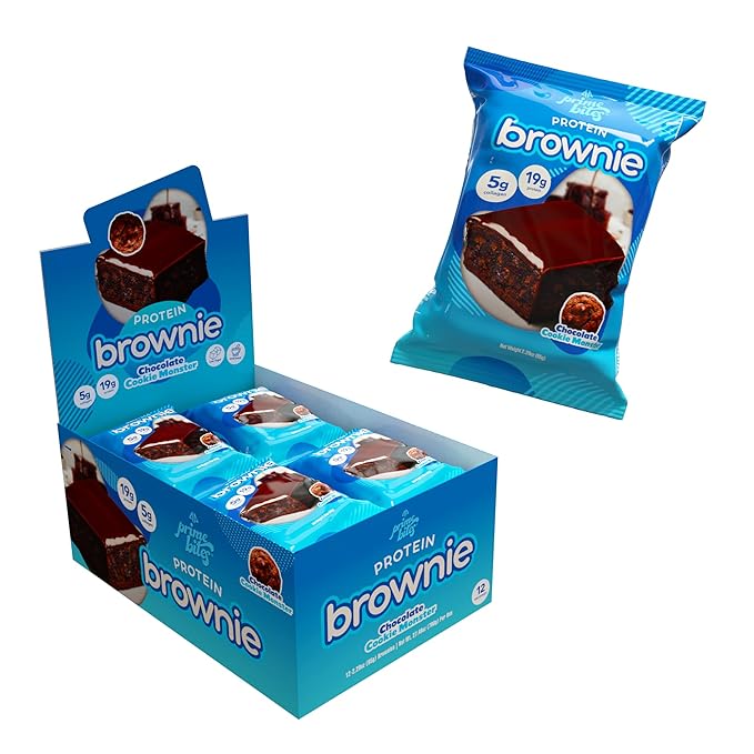 Prime Bites High Protein Brownie (12 Per Box Chocolate Cookie Monster) - 19g of Protein 5g of Collagen Gluten Free Low Sugar Treat Delicious Protein Snack