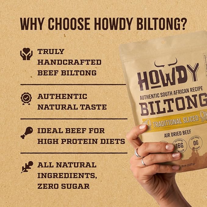 Howdysnax Handcrafted Authentic Small Batch Beef Biltong Traditional Slices 8oz. Sugar Free Paleo Keto Friendly High Protein Jerky Snack (4 8oz Packs)