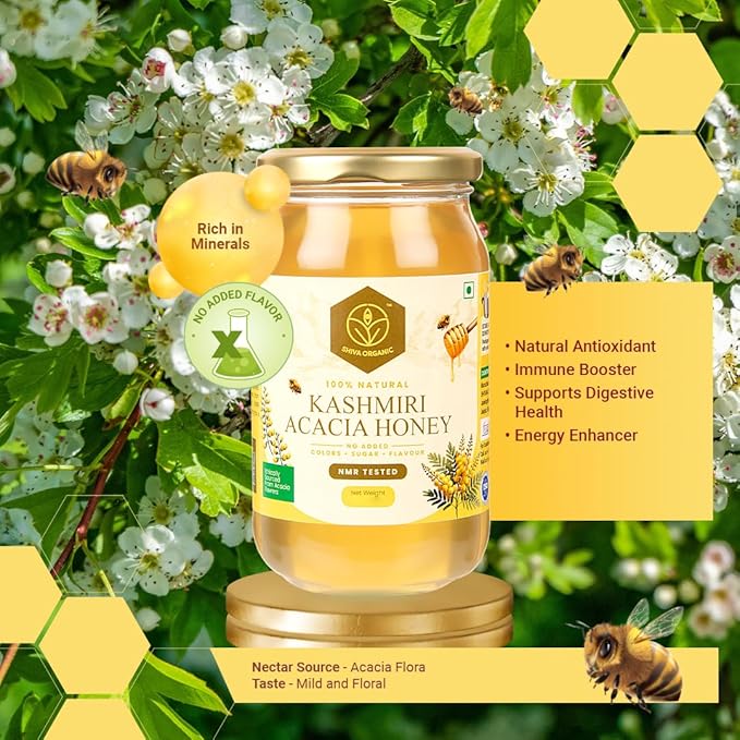 Shiva Organic’s Kashmiri Acacia Honey – Pure Unrefined Raw and 100% Pure Unfiltered Honey – All Natural Without Additives Or Preservatives GMO Free Gluten Free Vegan Kosher Glass Jar 35.27 Ou