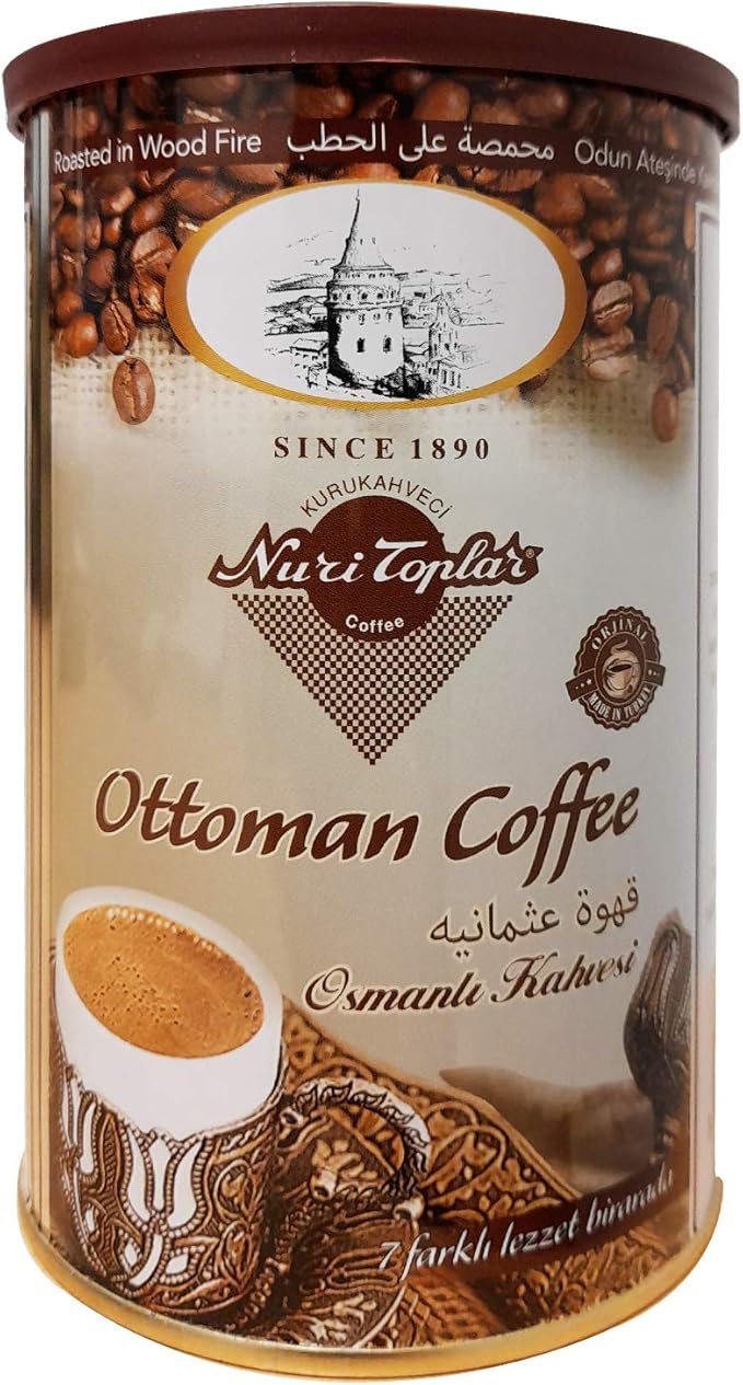 Kurukahveci Nuri Toplar Turkish Ground Ottoman Coffee Roasted in Wood Fire 250g Roller Metal Box
