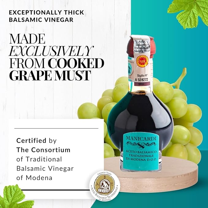 MANICARDI Traditional Balsamic Vinegar of Modena PDO Affinato Aged 12 Years - Aged Italian Vinegar Perfect for Snacks Pasta Vegetables Salad Dressings and Meat - Made in Italy 3.38 Fl Oz (100 ml)