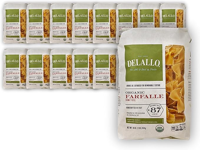 DeLallo Organic Farfalle Pasta Made with Only 100% Semolina Durum Wheat Flour Bronze Cut Made in Italy Kosher Vegan Non-GMO Bow-Tie Pasta Shape (16 Pack)