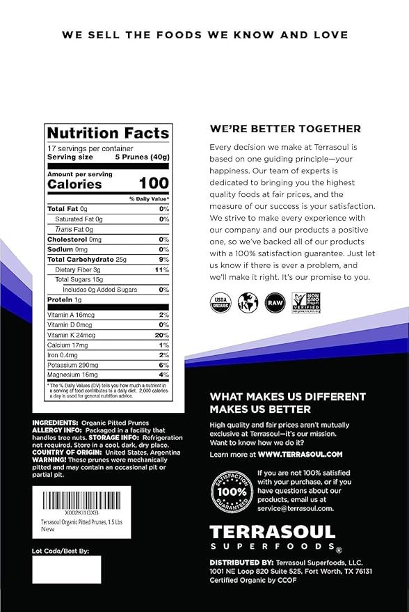 Terrasoul Superfoods Organic Dried Plums Pitted Prunes 4.5 Lbs (Pack of 3) - Fiber | Vitamin K | Preservative Free