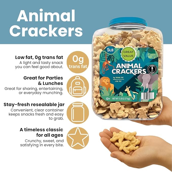Animal Crackers 5 lb Bulk Tub Lightly Sweet Classic Snack - A Resealable Party Size Container for Pantries Events &amp Large Groups