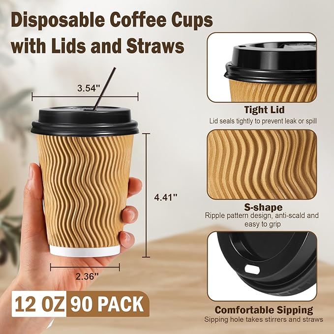 SIUQ 12 oz Coffee Cups-90 Pack Disposable Coffee Cups with Lids and Straws Insulated Ripple Wall To Go Paper Coffee Cup for Coffee Hot Chocolate and Hot Tea Drinks - Champagne