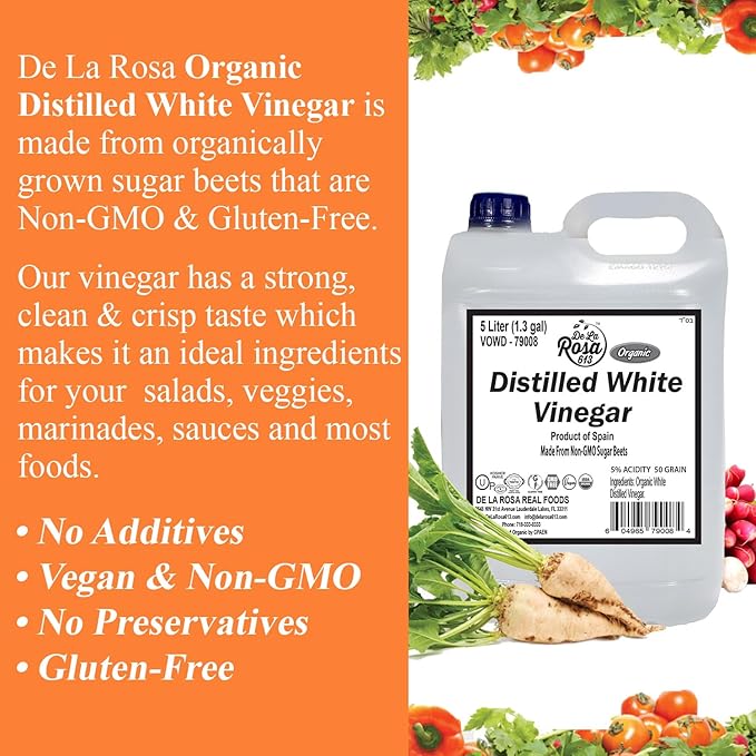 De La Rosa Organic Distilled White Vinegar Raw &amp Unfiltered Kosher for Passover Vegan &amp Gluten Free Great for Salad Dressing Marinades White Distilled Vinegar 5 Liter (Pack of 1)