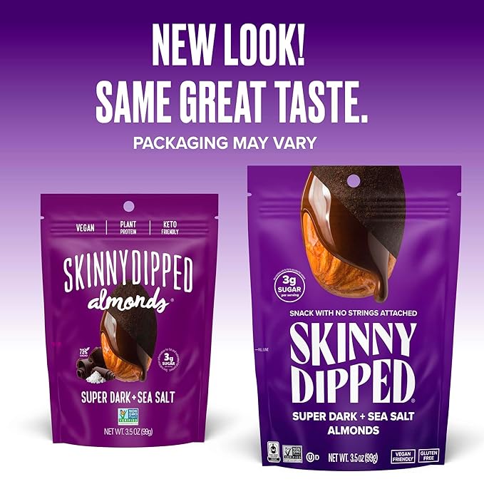 SkinnyDipped Super Dark Chocolate + Sea Salt Almonds Vegan Healthy Snack Plant Protein Gluten Free 3.5 oz Resealable Bags Pack of 5