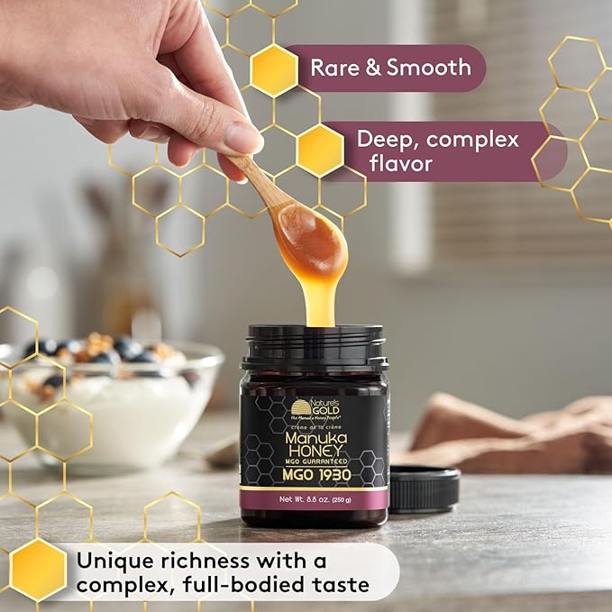 Nature’s Gold Raw Manuka Honey Certified High MGO | Authentic MGO 100% Pure Genuine Traceable Hive to Home | MGO 1930+ Flavor | 8.8 Ounce (Pack of 1) Size