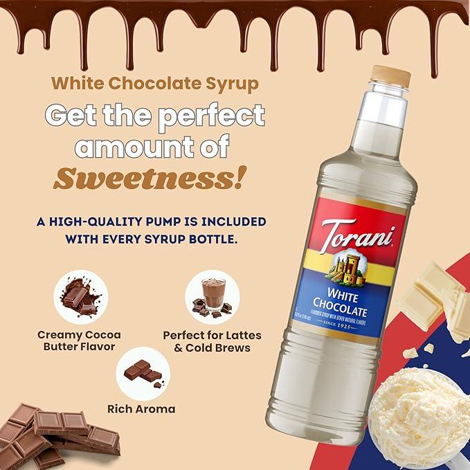 Torani White Chocolate Syrup 1 Liter Bottle with Pump – Premium Coffee Flavoring with Natural Ingredients for Lattes Mochas Desserts Cocktails &amp Baking – Café-Style Sweetener for Home Baristas