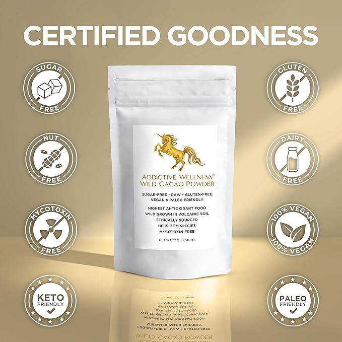 Addictive Wellness Raw Cacao Powder - Wild-Grown Heirloom Mycotoxin-Free Arriba Nacional Chocolate Cocoa Powder Unsweetened Vegan Keto &amp Paleo Friendly Raw Cacao Powder 340g (12 Ounce)