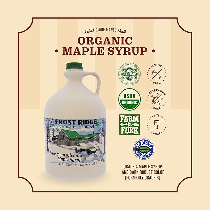 Frost Ridge Maple Farm Organic Maple Syrup Grade A Gallon (128 FL Oz) Dark Robust (formerly Grade B)