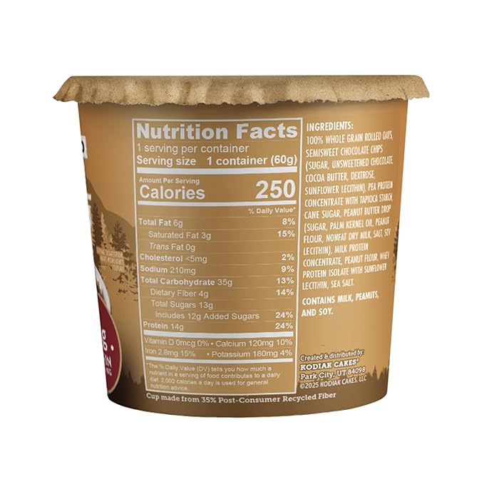 Kodiak Cakes Instant Oatmeal Cups Peanut Butter Chocolate Chip High Protein 100% Whole Grains (12 cups)