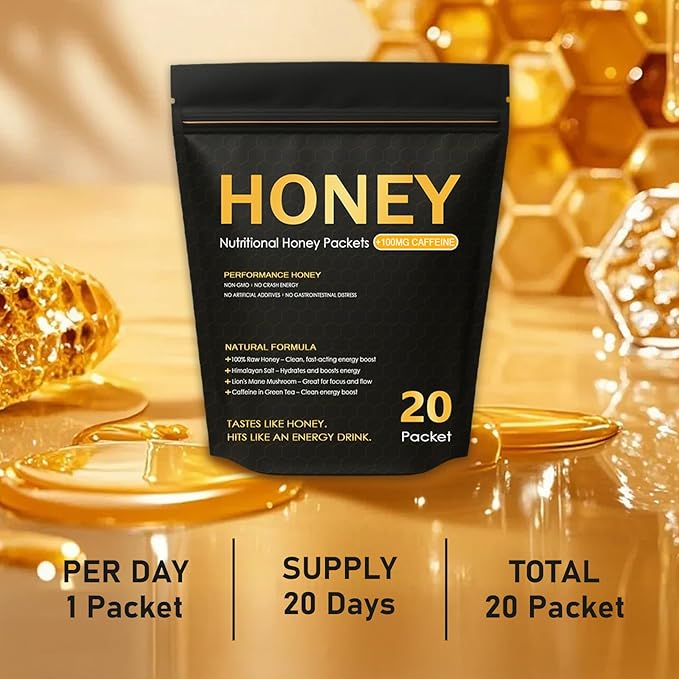 Nutrition Honey Packets - Nutritional Raw Honey 100mg Caffeine With Lions Mane Mushroom Green Tea Caffeine Himalayan Salt Boost Energy &amp Keeps Focused 100% Natural
