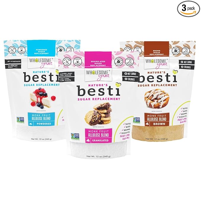 Wholesome Yum Besti Natural Sugar Substitute Multi Pack - Granulated Powdered Brown - Monk Fruit Sweetener Blend With Allulose (No Erythritol) - Keto Non GMO Zero Calorie Zero Carb (12 oz 3-Pack)
