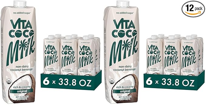 Vita Coco Original Organic Coconut MilkPlant BasedDairy Free Milk Alternative-Gluten FreeSoy-Freeand UnsweetenedNo Added Sugar-Perfect Add to CerealSmoothiesDesserts-33.8 Ounce(Pack of 12)