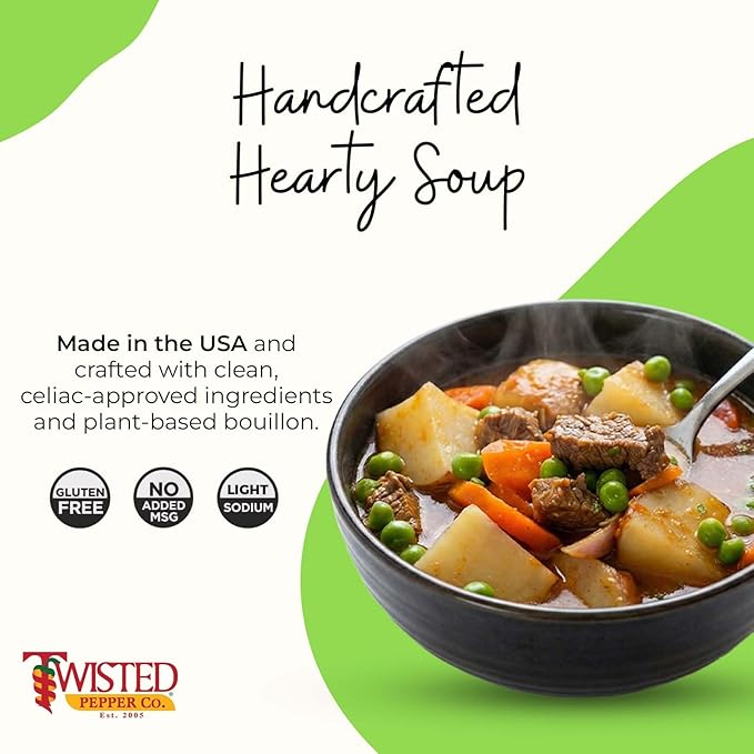 Twisted Pepper Co. Vegetable Beef Soup Mix: Gluten-Free - Handcrafted Broth‑Style Soup - Low Sodium No Added MSG | Quick &amp Easy Meal Ready in 30 Minutes Serves 12 | Add Vegetables Sausage &amp