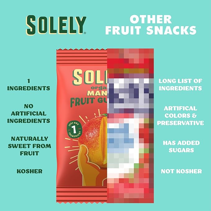 SOLELY - Organic Mango Whole Fruit Gummies Variety Pack (4 Flavors 5 Bags per Box) - Real Fresh Fruit - Healthy Snacks for Adults &amp Kids - Non GMO Vegan Snacks Shelf Stable - 20 Bags (3.5 oz)